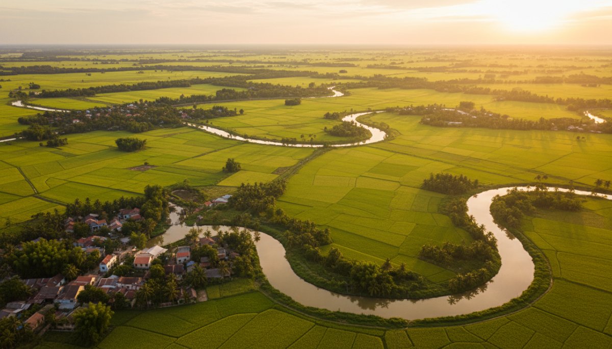 メコンデルタの広大な水田と水路が織りなす農業景観