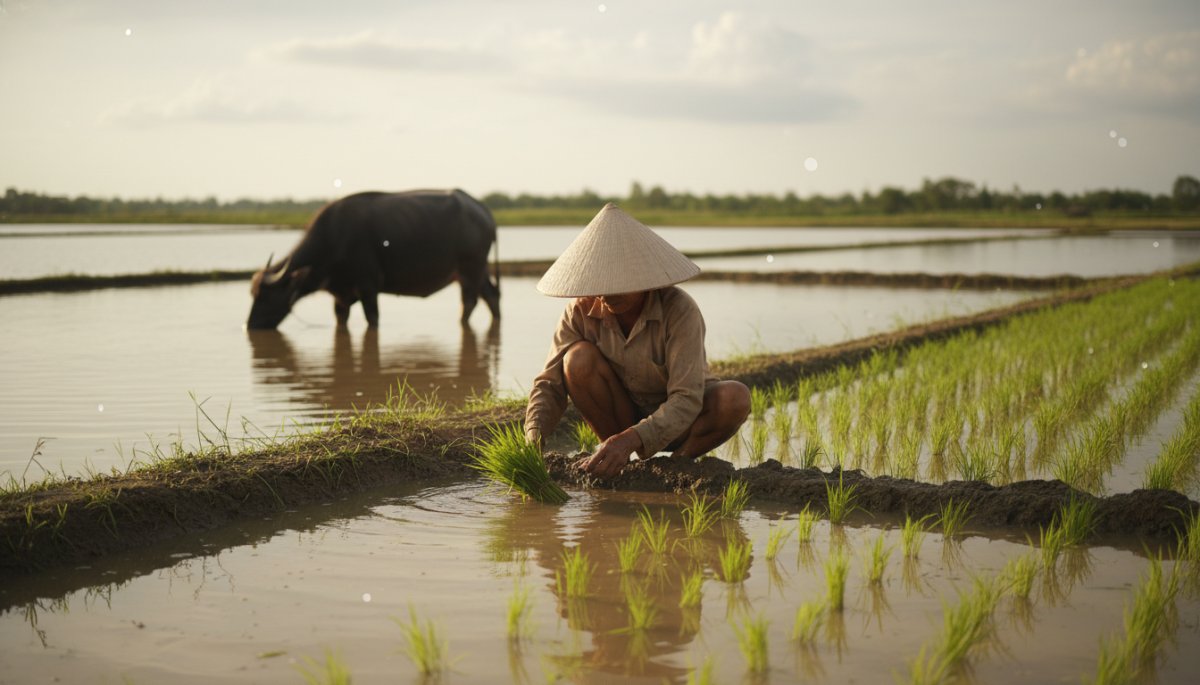 メコンデルタの小規模農家による伝統的な稲作風景