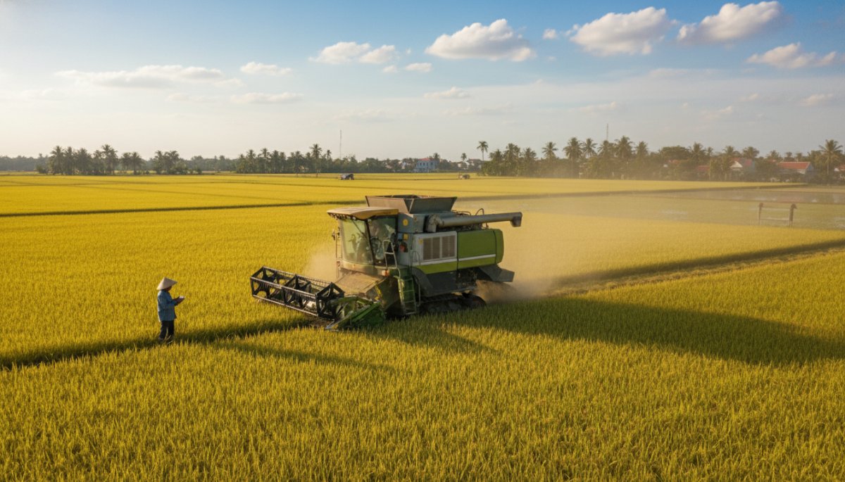 メコンデルタの近代的な農業機械を使用した稲作作業
