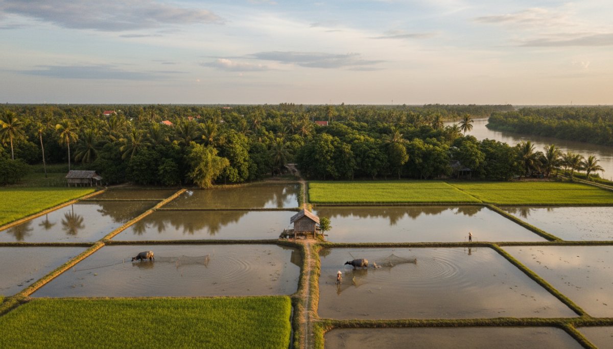 メコンデルタの複合農業とエビ養殖の風景