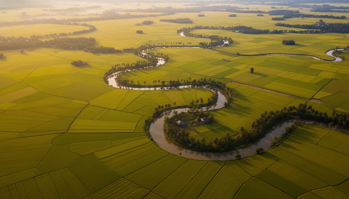 メコンデルタの広大な水田と三期作の風景