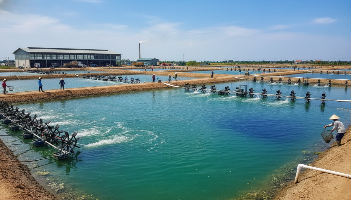 ベトナムのエビ養殖場と水産加工施設