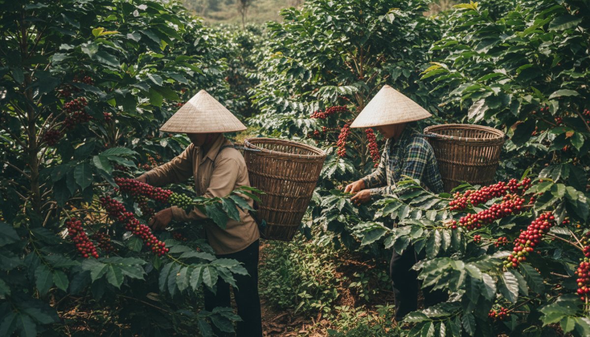ベトナムのコーヒー農園での収穫作業