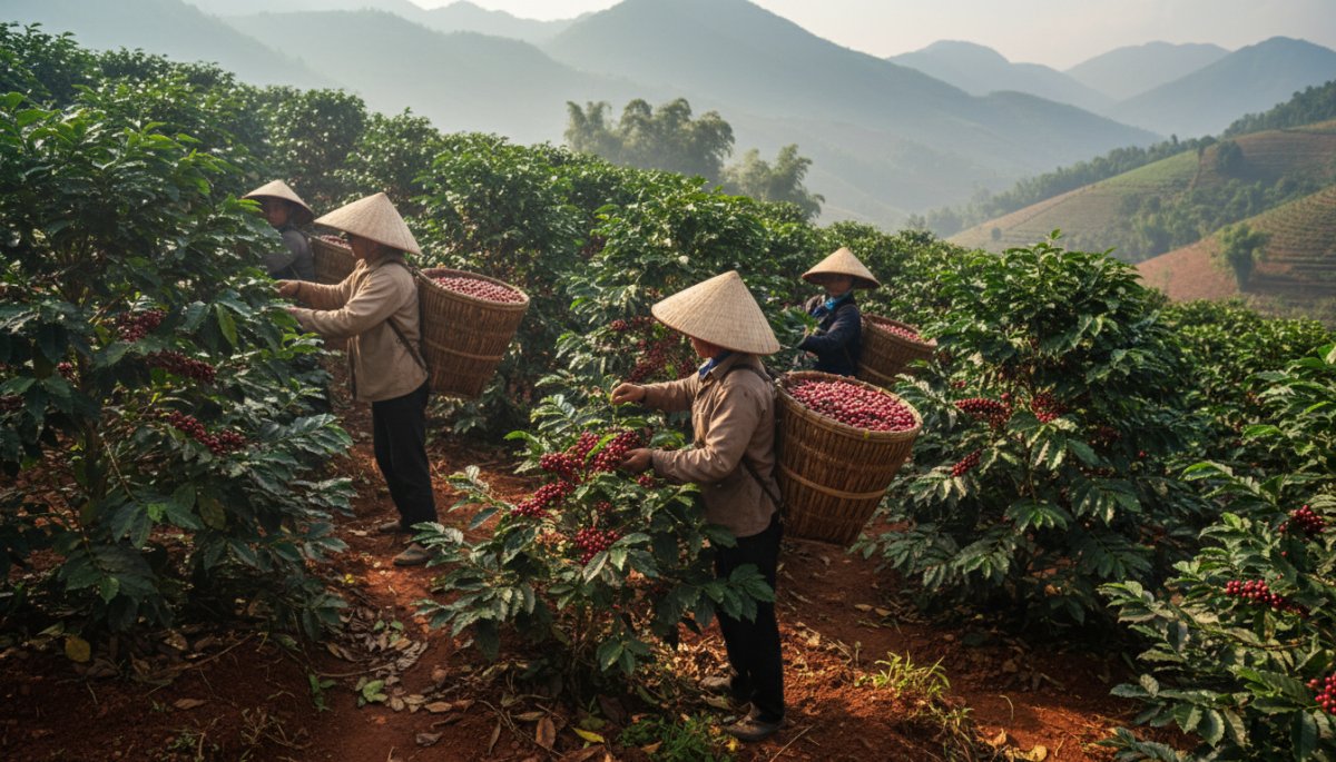 ベトナムのコーヒー農園と収穫風景