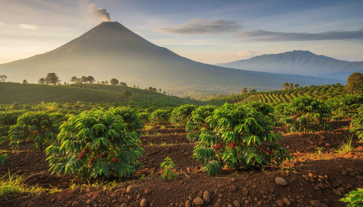 インドネシアの火山とコーヒー農園