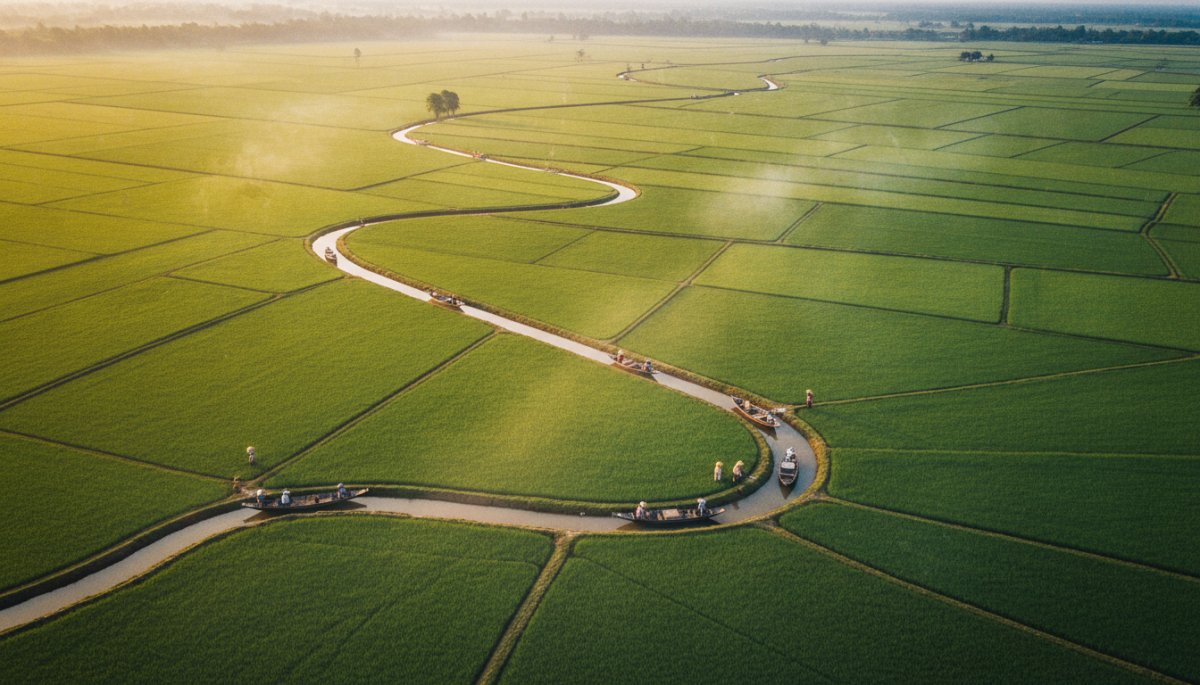 メコンデルタの広大な水田風景と農業地帯