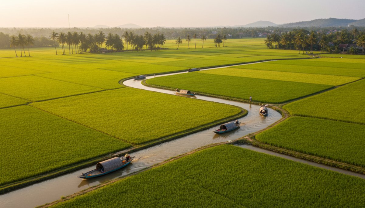 ベトナムのメコンデルタ地帯の広大な水田風景