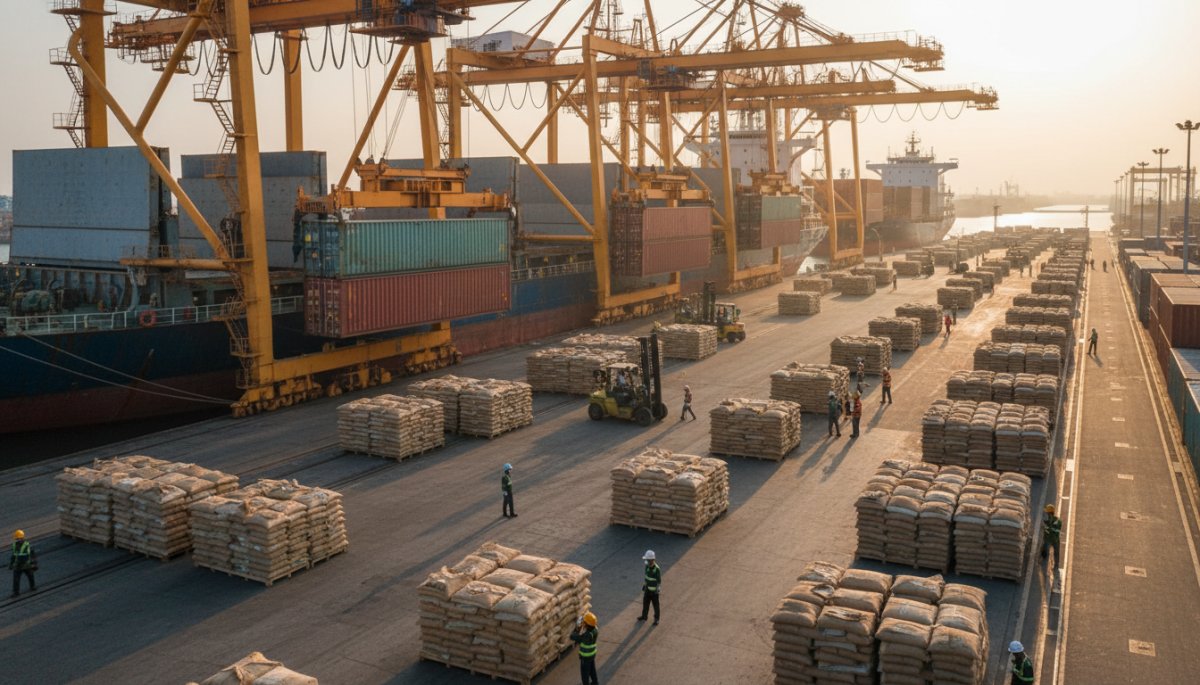 ベトナムのコメ輸出港でのコンテナ積み込み作業