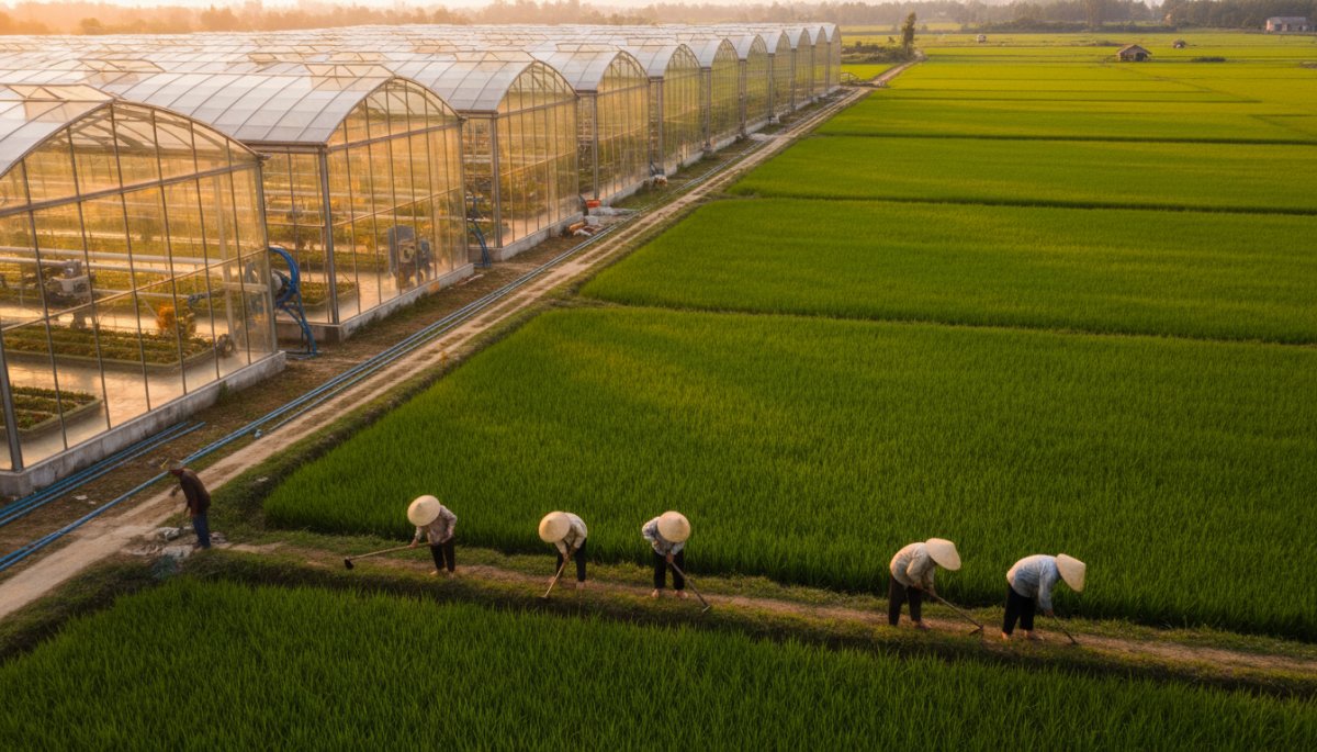 ベトナムの近代的な農業施設と伝統的な水田が共存する風景