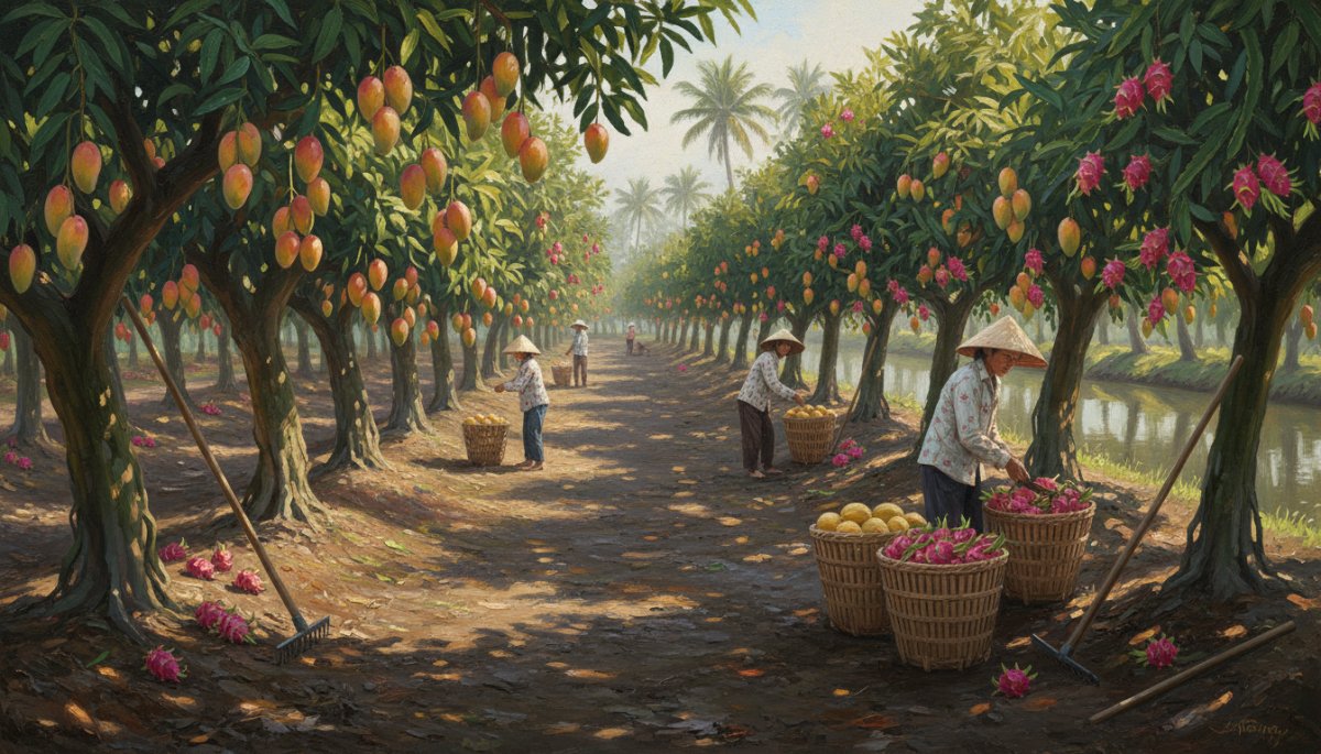 メコンデルタの熱帯果樹園と収穫風景