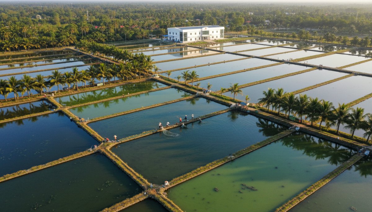 ベトナムメコンデルタのエビ養殖池と水産加工施設