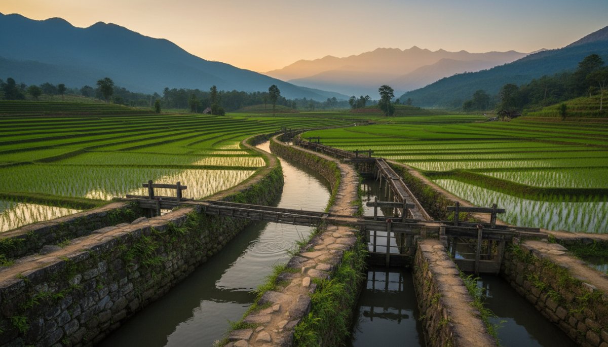 東南アジアの古代灌漑システムと水田風景