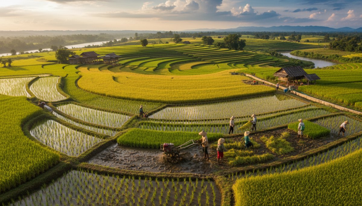 緑の革命による高収量品種の水田と農業技術