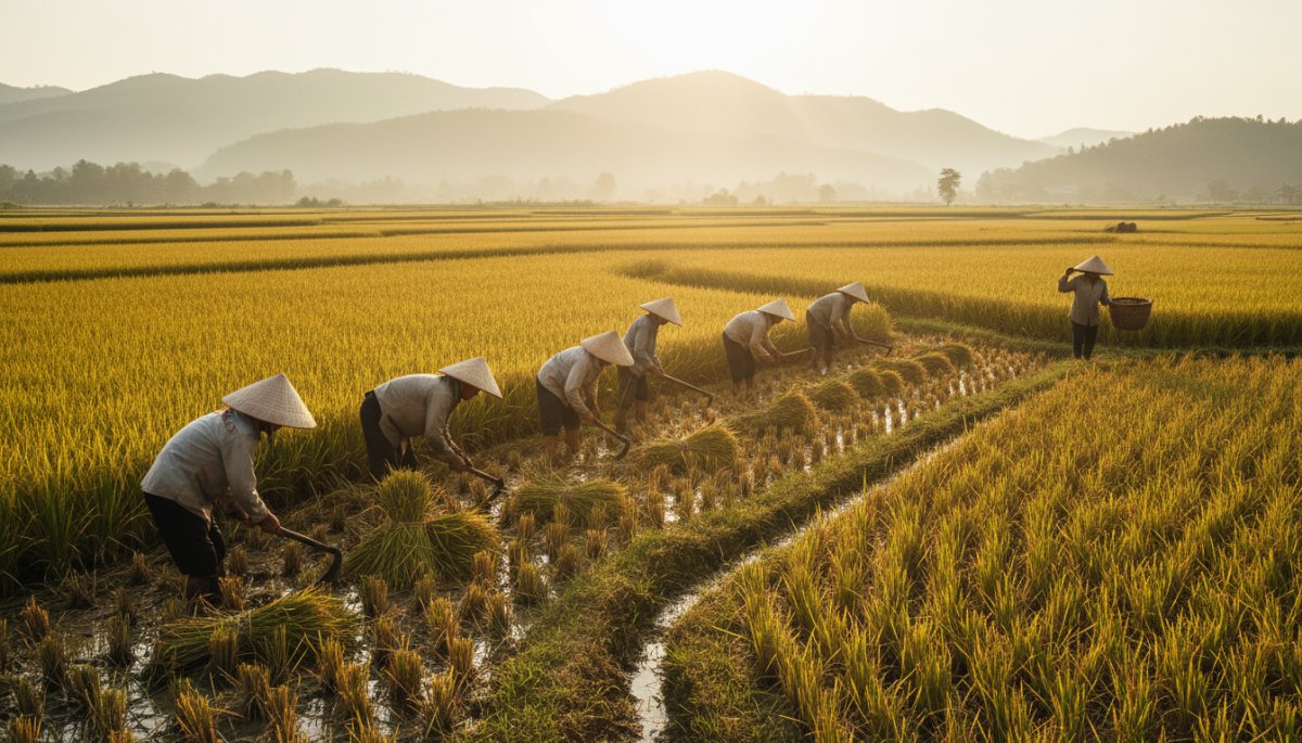 ベトナム農家の収穫作業風景
