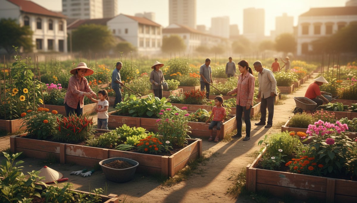 都市農業のコミュニティガーデンと地域住民の交流風景
