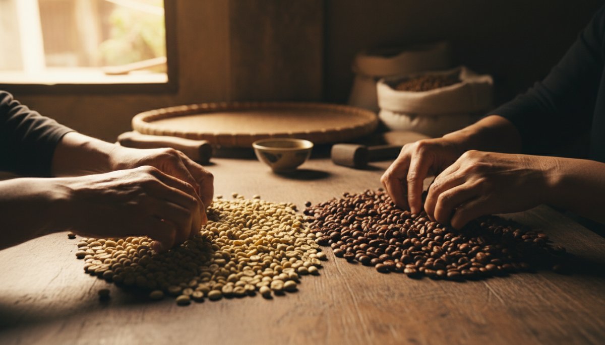 ベトナムコーヒー豆の選別作業