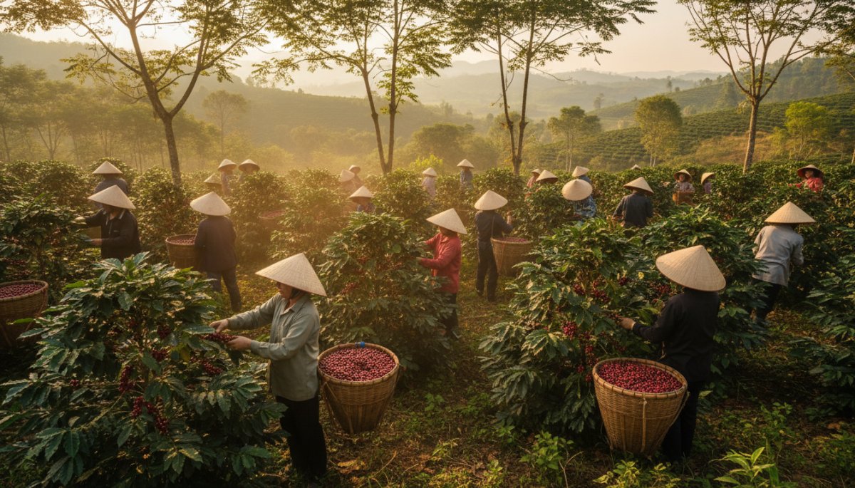 ベトナムコーヒー農園の収穫風景