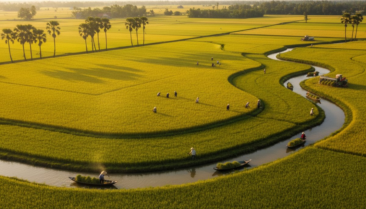 ベトナムのメコンデルタ地帯の稲作風景と農業技術革新