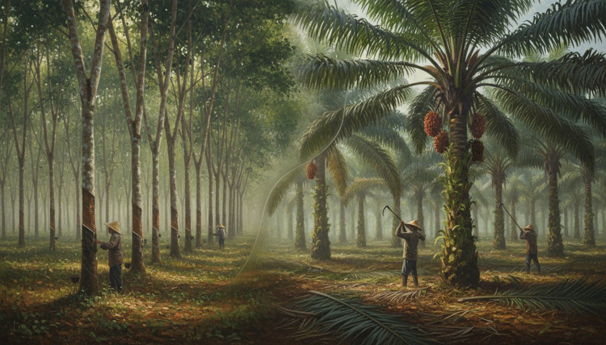 タイの天然ゴム農園とインドネシアのパーム油プランテーション