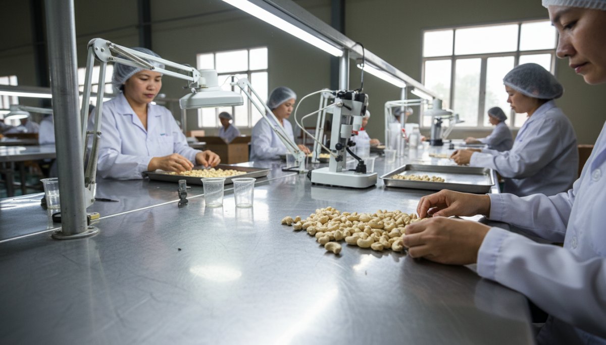 ベトナムのカシューナッツ品質検査の様子