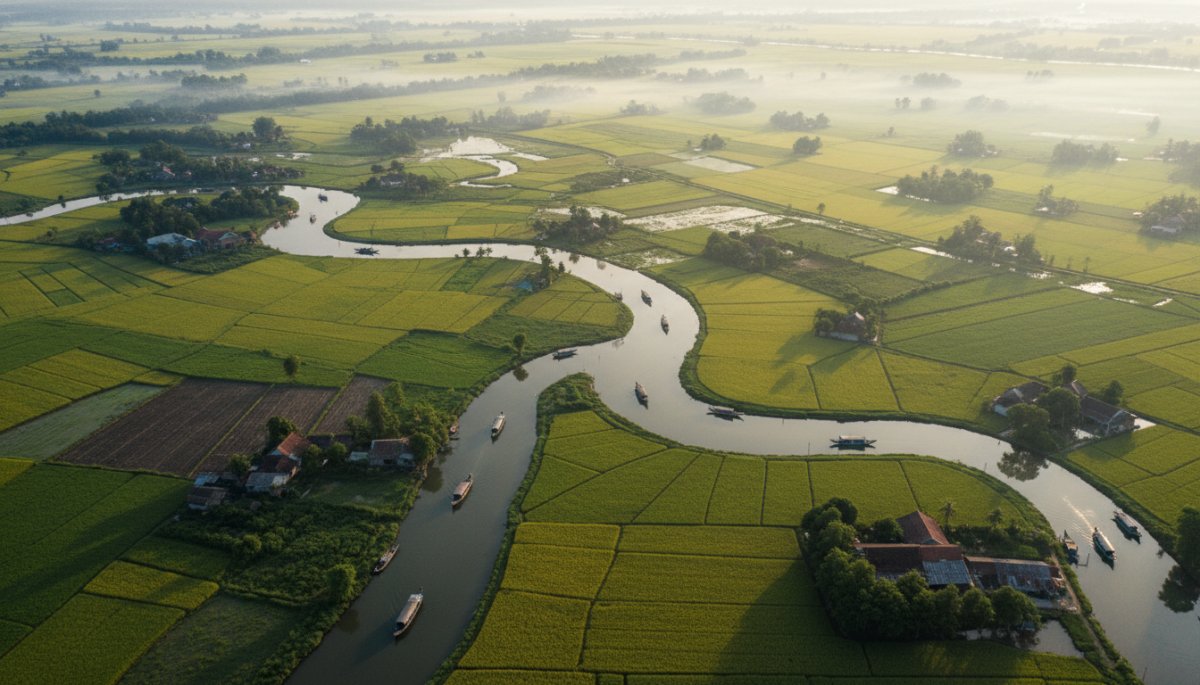 東南アジアの肥沃な農業デルタ地帯と農業生産の風景