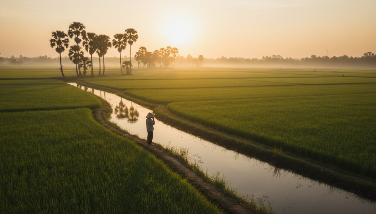 ベトナム メコンデルタ 水田 朝日 農業風景